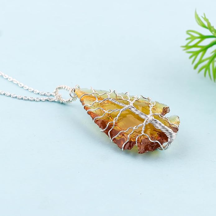 Silver Plated Wire Wrapped Pendant Necklace, Sea Glass Stones, Handmade Jewelry, Healing Crystals, Hammered Pendant, Birthday Gift for Women, Adjustable Chain 16+2inch