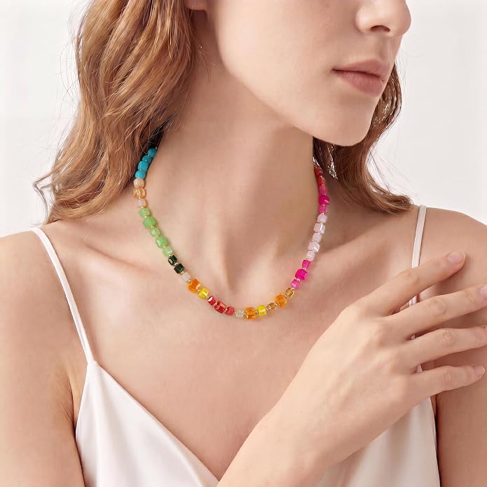 LALAPPLE Colorful Beaded Gemstone Necklace for Women, Boho Rainbow Bead Choker with Natural Stone Crystal Beads, Handmade Summer Beach Necklace Jewelry