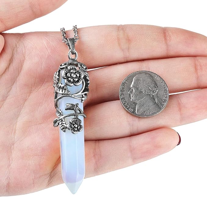 Top Plaza Antique Silver Flower Wrapped Synthetic Opalite Healing Crystal Necklace