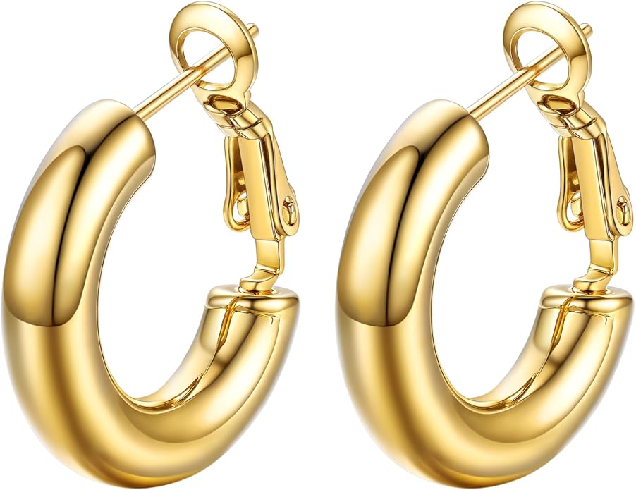 Stainless Steel Chunky Hoop Earrings For Women, Minimalist and Chic, Black/Gold Plated, Round Hoops Earrings Hypoallergenic, Size: 30mm/40mm/60mm/80mm, Come with Box
