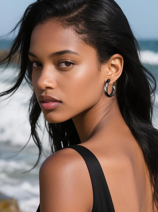 Stainless Steel Chunky Hoop Earrings For Women, Minimalist and Chic, Black/Gold Plated, Round Hoops Earrings Hypoallergenic, Size: 30mm/40mm/60mm/80mm, Come with Box