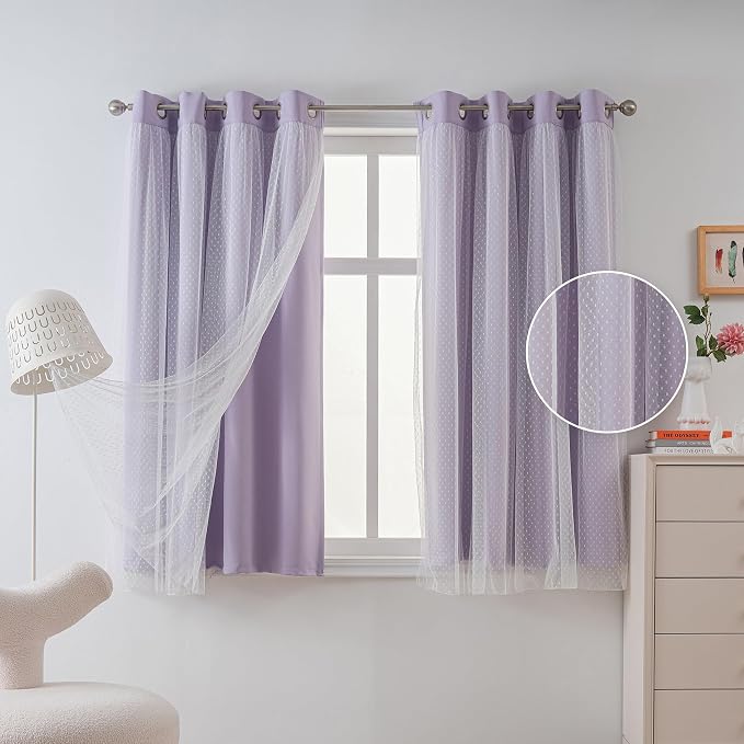 MYSKY HOME Lilac Blackout Short Curtains 63 inch Long for Bedroom Girls & Nursery Kids Purple Lavender Curtains Double Layer with Polka Dots Sheer, Grommet Tops, 52" Wide, 2 Panels
