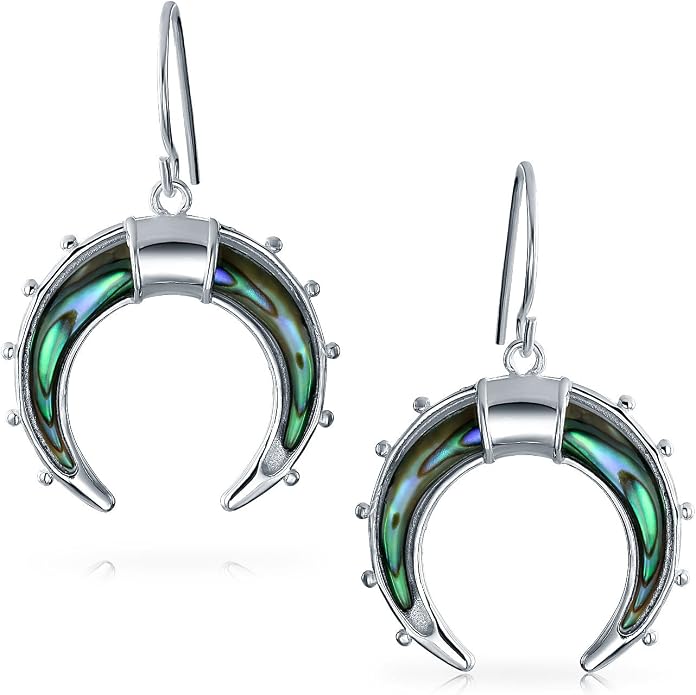 Bling Jewelry Boho Celestial Blue Green Rainbow Iridescent Tribal Half Crescent Moon Abalone Shell Dangle Earrings For Women For Teen .925 Sterling Silver Fish Wire Hook