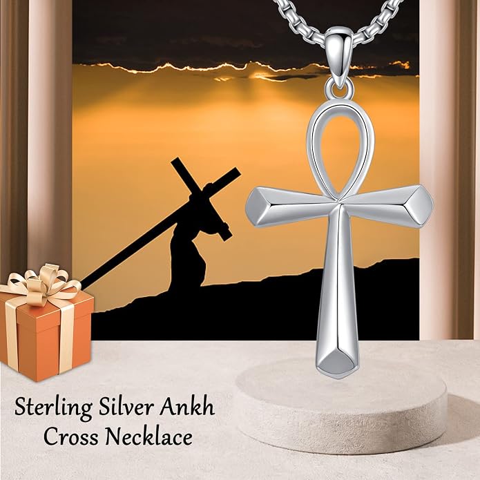 KXJ S925 Sterling Silver Black Cross/Best Dad/Baseball Bat/Silver Cross/Ankh Cross/Crucifix with 22+2 Inches Stainless Steel Rolo Chain Cross Necklace for Men Women Christian Religious Jewelry Gifts