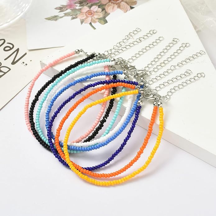XIJIN 8Pcs Handmade Beaded Anklets for Women Boho Colorful Beads Ankle Bracelets Adjustable Foot Anklet Set