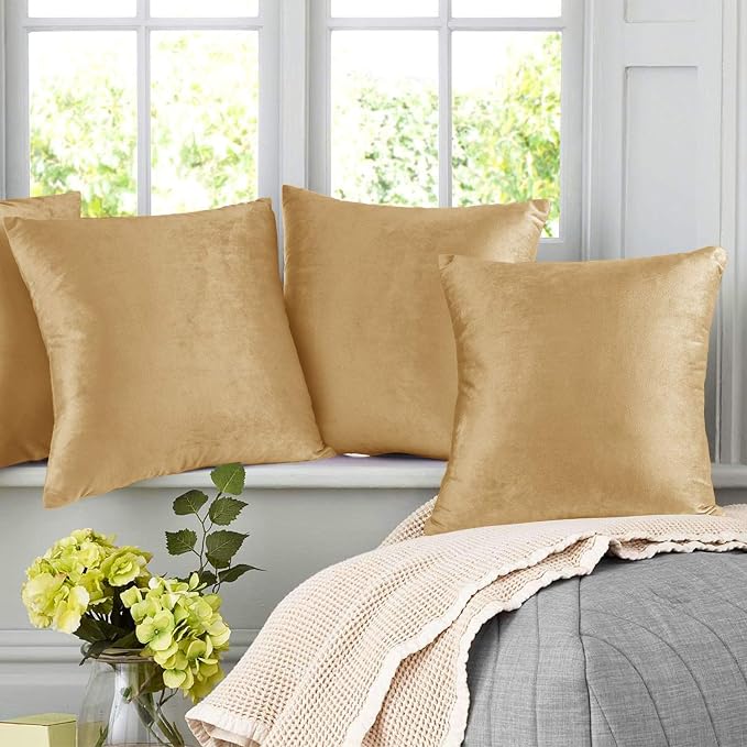 Nestl Throw Pillow Covers, Cozy Velvet Decorative Outdoor Pillow Covers 16x16 Inches, Soft Solid Cushion Covers for Sofa, Bed and Car, Set of 4 - Camel Gold