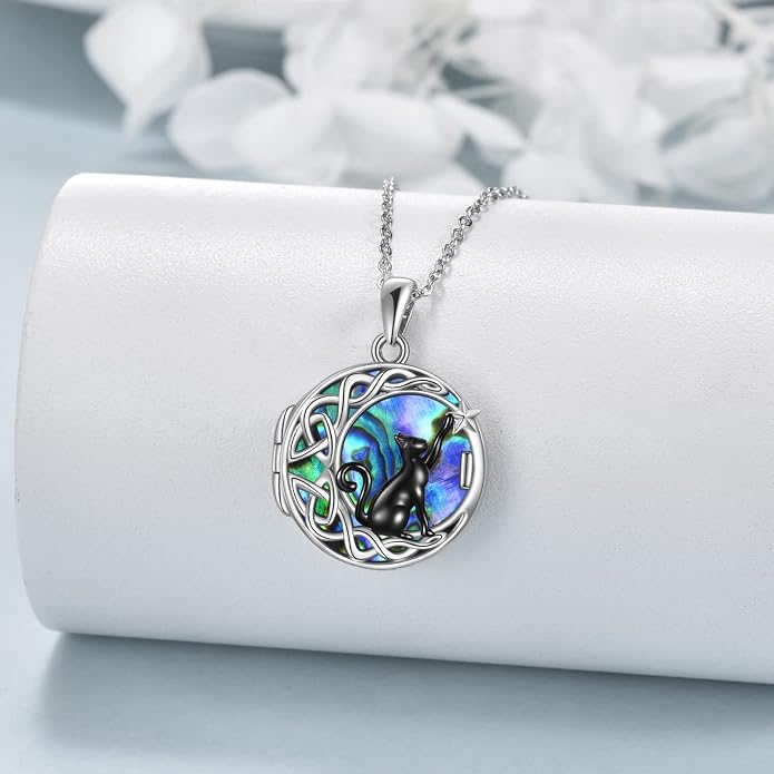 Celtic Moon Black Cat Necklace for Women - Abalone Tree of Life Sterling Silver Cat Lovers Jewelry