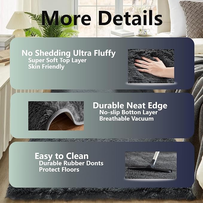 Floralux 5x7 Large Shag Area Rugs for Living Room, Bedroom, Dark Grey Soft Fluffy Shaggy Bedside Rug, Indoor Floor Carpet for Kids Girls and Boys