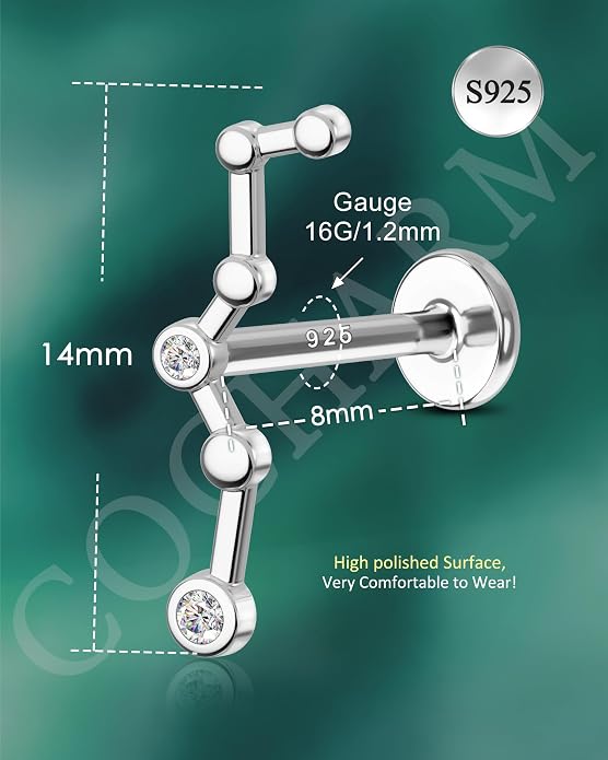 COCHARM 925 Sterling Silver Cartilage Helix Earring Stud 16g 6mm 8mm Flat Back Helix Piercing Jewelry Constellation Cartilage Jewelry for Women Man