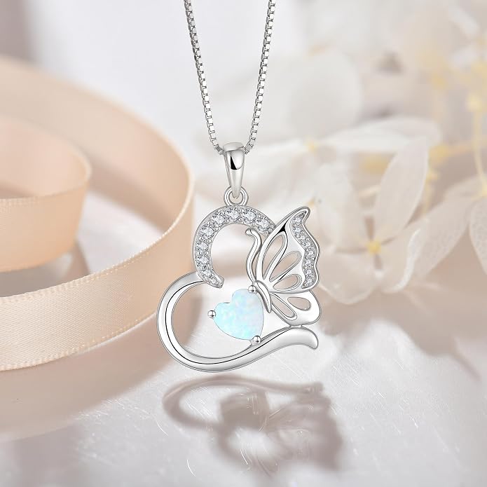 Butterfly Necklace for Women 925 Sterling Silver Heart Pendant Birthstones Jewelry Gift