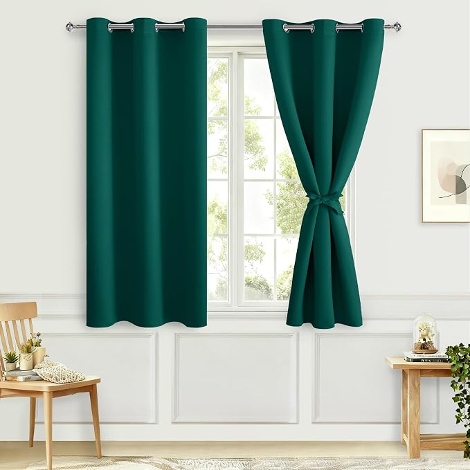 Hiasan Short Blackout Curtains for Bedroom - Thermal Insulated & Energy Saving Window Curtains for Living Room, 2 Drape Panels Sewn with Tiebacks, Hunter Green, 42 x 45 Inch