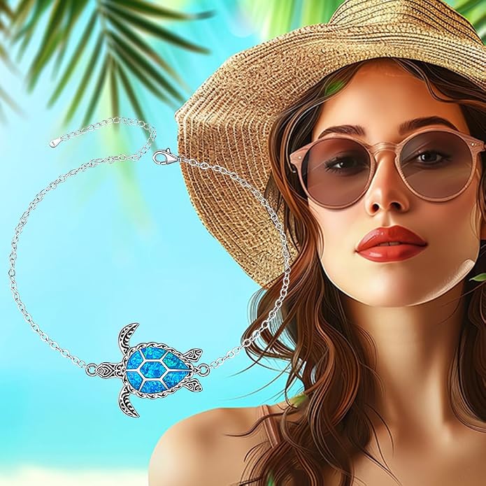 Fenthring Turtle Anklets for Women Turtle Ankle Bracelet Blue Opal Sea Sterling Silver Infinity Wave Ocean Beach Summer Jewelry Mothers Day