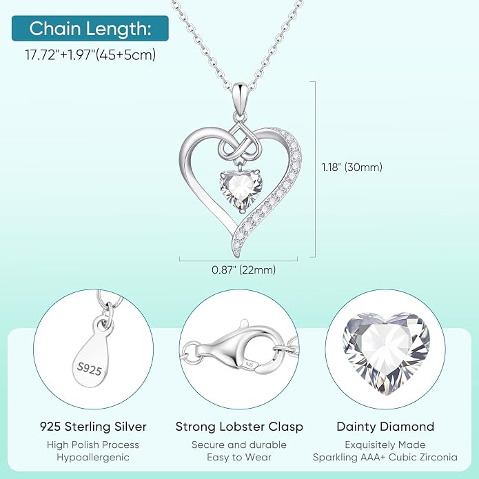 925 Sterling Silver Birthstone Heart Necklace for Women - Infinity Love Pendant with Cubic Zirconia, 12 Colors, Valentine's Day Gift for Her, 12 Months, Birthday Anniversary Christmas Jewelry Gifts