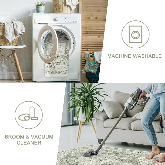 LIVEBOX Sage Washable Vintage Area Rug 3x5 Non-Slip | Low-pile design, machine washable, distressed print, perfect for entryway, bedroom, kitchen, foyer and laundry room