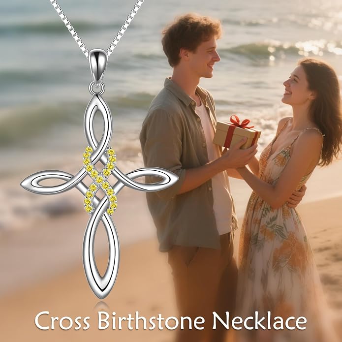 LUHE Celtic Knot Cross Necklace Sterling Silver Birthstone Polished Religious Infinity Celtics Jewelry Gifts for Women