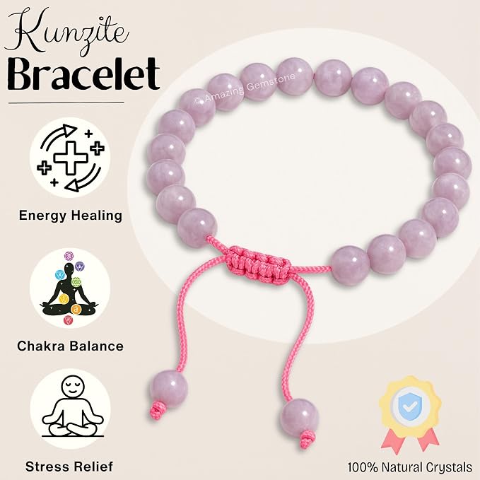 Amazing Gemstone Kunzite Bracelet, Gifts for Men & Women - Protection Healing Crystal Bracelet - 8mm Gemstone Beaded Adjustable Bracelet, Pulseras para Hombres Mujer Stocking Stuffers