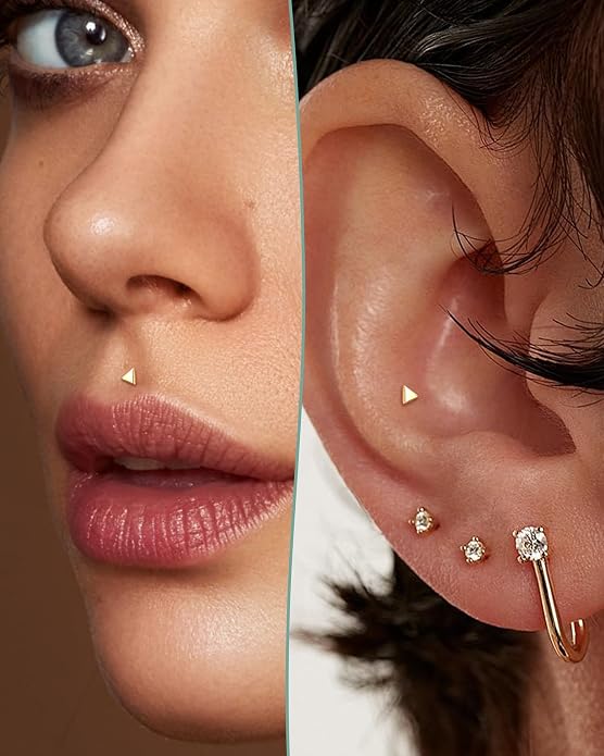 COCHARM 14K Real Gold Helix Tragus Cartilage Piercing Jewelry-Titanium Post-Threadless Tragus Conch Cartilage Earring Stud Flat Back 16g Labret Stud 6mm, 8mm Push Pin Triangle Medusa Jewelry