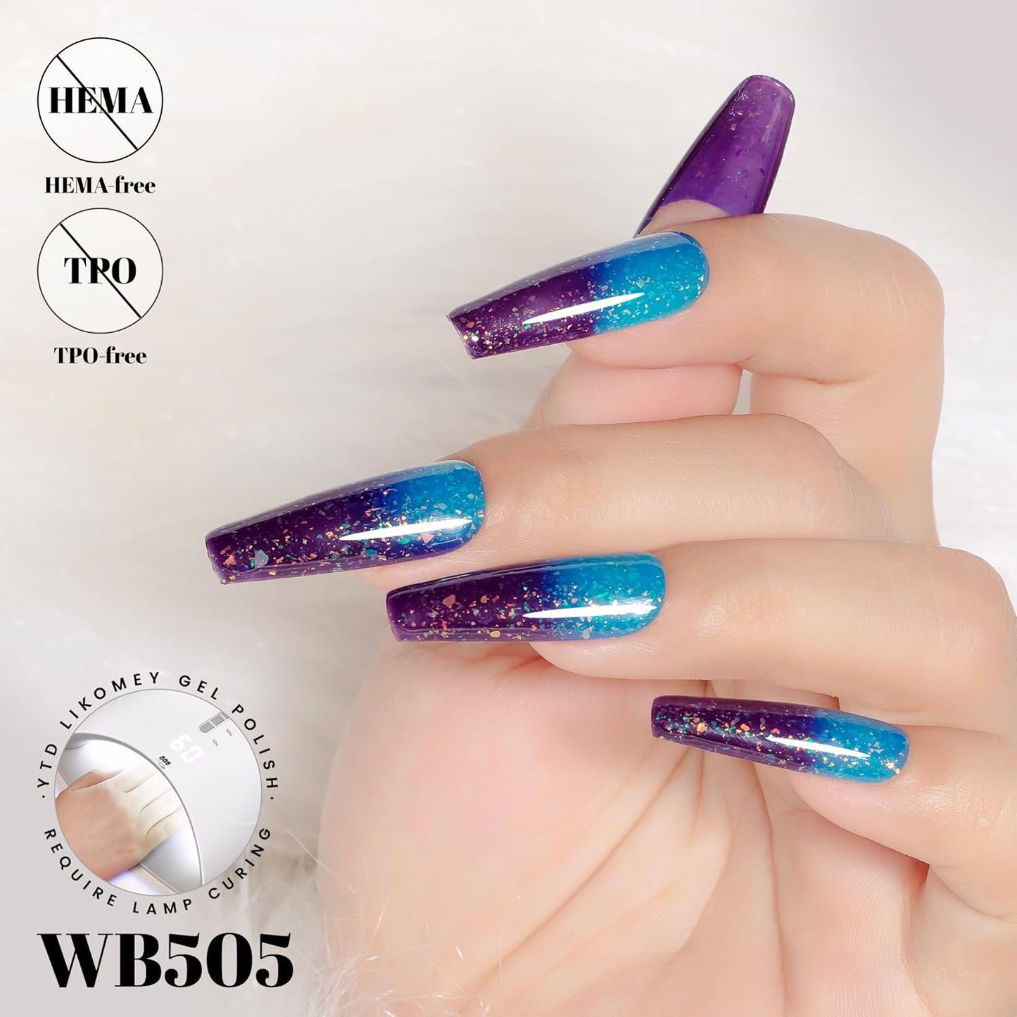 YTD Likomey Color Changing Gel Nail Polish,15ml Turquoise Blue to Deep Purple Brocade Glitter Mood Temperature Change Colors Fall Winter Thermal Ombre Sparkle UV Varnish,HEMA Free TPO Free,WB505