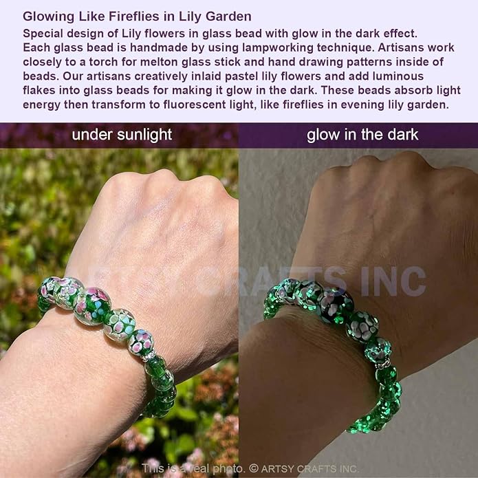 ARTSY Crafts Lily Garden Glow in the Dark Firefly Bead Bracelets Necklaces, Handmade in USA Murano Glass Jewelry, Flower Luminous Beads Mermaid Crystal Bracelet Bangle