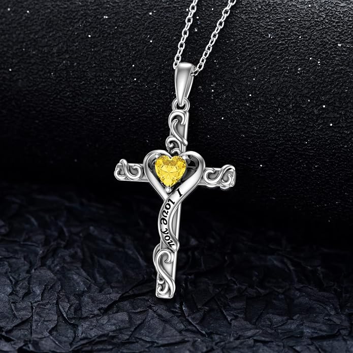 TOUPOP Cross Birthstone Necklace for Women 925 Sterling Silver Heart Cross Pendant I Love You Jewelry Anniversary Birthday Mothers Day Gifts for Mom Wife Her