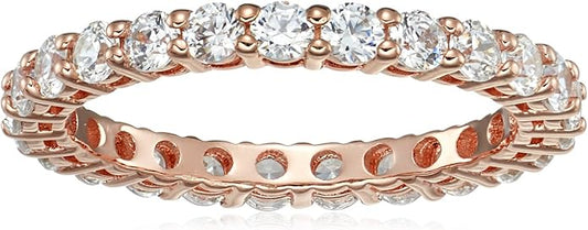 Amazon Essentials Platinum or Gold Plated Sterling Silver All-Around Band Ring set with Round Infinite Elements Cubic Zirconia