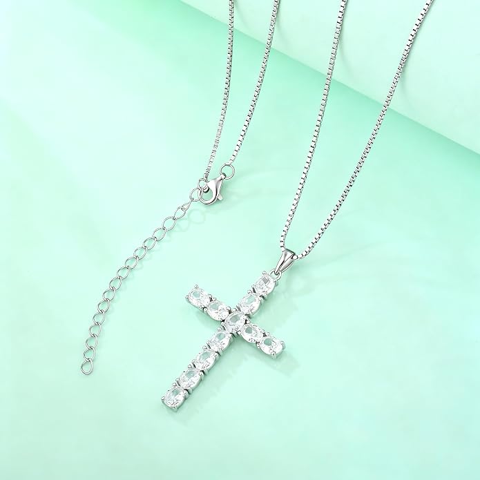 925 Sterling Silver Cross Necklace for Women Men Christian Jesus Faith Birthstone Cross Crucifix Pendant Necklaces