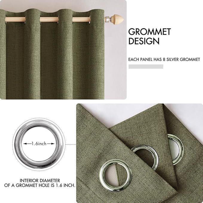 MIULEE Linen Texture Curtains for Bedroom Solid 100% Blackout Thermal Insulated Light Olive Green Curtains Grommet Room Darkening Drapes for Living Room 52x45 Inch (2 Panels)