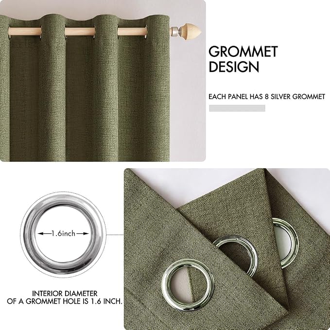 MIULEE Linen Texture Curtains for Bedroom Solid 100% Blackout Thermal Insulated Light Olive Green Curtains Grommet Room Darkening Drapes for Living Room 52x63 Inch (2 Panels)