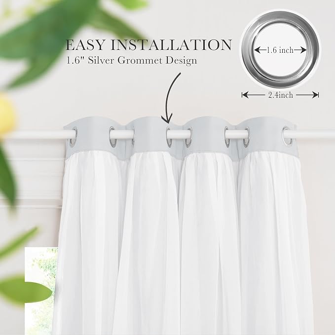 Pony Dance Double Layer Curtains - White Curtains 84 inches Long with Sheer Overlay Nursery Panels for Bedroom/Living/Dining Room, 52 W by 84 L, Greyish White, 2 Pieces