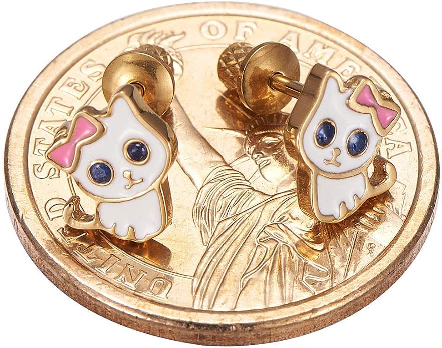 18k Gold Plated Screw Back Kitten Stud Hypoallergenic Earrings for Kids, Baby, Toddler, Little Girls with Surgical Steel Post for Ultra Sensitive Ears with Secure Safety Screwback