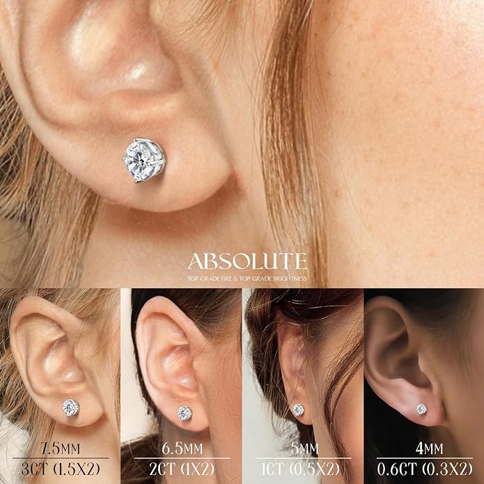 Moissanite Earrings, Hypoallergenic Flat Back Earrings for Women Men, Screw On Studs 925 Sterling Sliver Cartilage Earring for Sensitive Ears 4mm Short Post