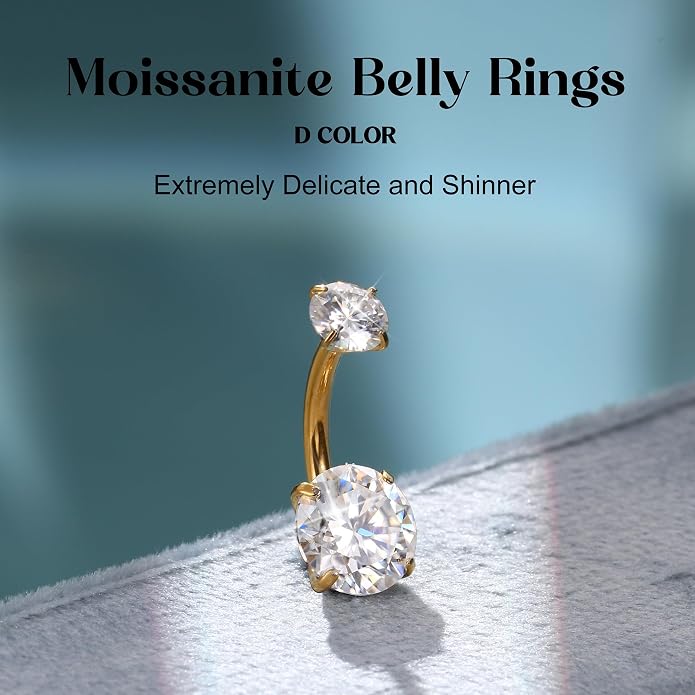 GEMQUEEN Moissanite ＆ G23 TItanium Belly Button Ring 18K Gold Plated Hypoallergenic Internally Threaded Belly Rings 14G Navel Piercing Jewelry For Women Men D Color VVS1 Clarity Brilliant Cut