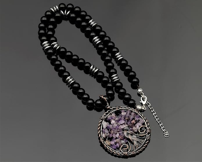 ElisaJewelryArt - Natural Amethyst Big Tree Of Life Pendant Black Onyx Stone Beaded Necklace Genuine Gemstone Feng Shui Stone Clasp Closure Necklace Unisex Necklace