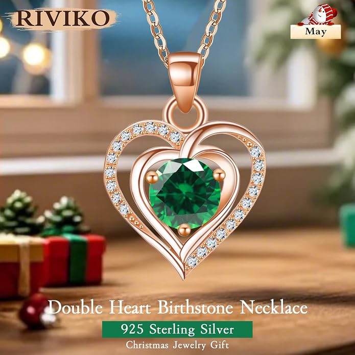 RIVIKO Heart Birthstone Pendant Necklace for Women 925 Sterling Silver Zirconia Necklaces Valentine's Day Anniversary Birthday Mothers Day Jewelry Gifts For Her Mother Wife