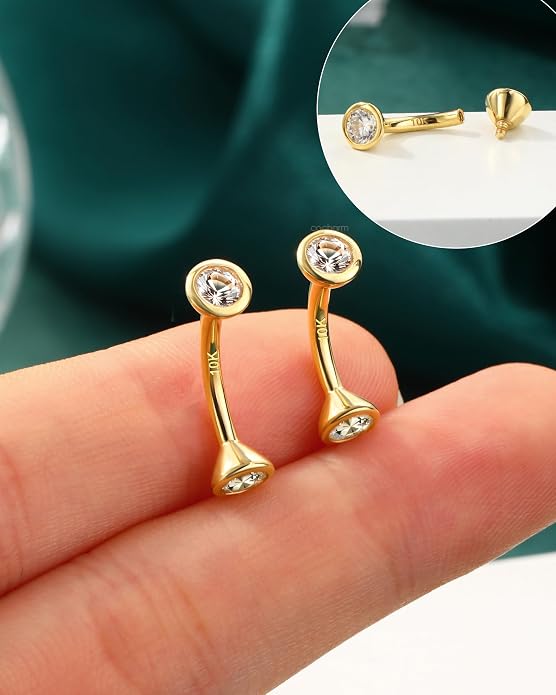 COCHARM 10K Solid Gold Belly Button Rings Internal Thread 10K Real Gold Belly Navel Rings Double CZ 10kt Yellow Gold Navel Piercing Jewelry 14g For Women Men
