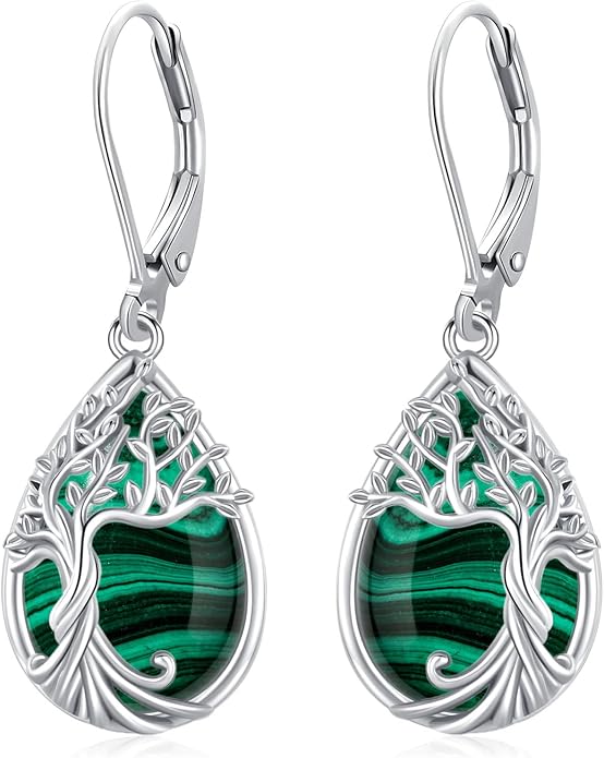 Odinstone 925 Sterling Silver Earrings Tree of Life Teardrop Moonstone Dangle Drop Leverback Earrings for Women