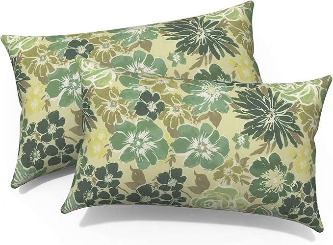 Outdoor Lumbar Pillows 12x20 Inch, Water Repellent Cushion Pillows, Outdoor Pillows with Inserts for Home Garden Pack of 2, Green Rose