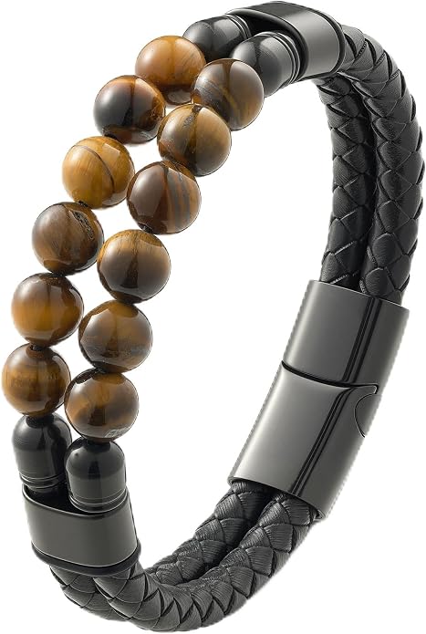 Black Braided Leather Bracelet for Men with Turquoise, Lapis Lazuli, Tiger Eye, Obsidian Stone Double-Row Wristband Beads with Stainless Steel Clasp Fashion Jewelry Gift for Him