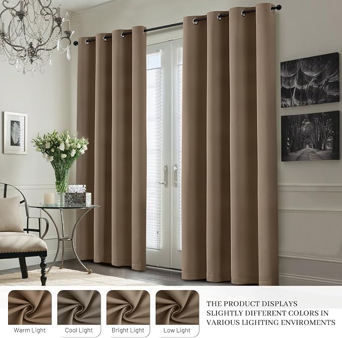 Yakamok Khaki Blackout Curtains 84 Inches Long for Bedroom 50" Wide 2 Panel | Blackout Curtain Panels for Bedroom, 2 Thick Layers Grommet Top Thermal Insulated Drapes with White Back for Living Room