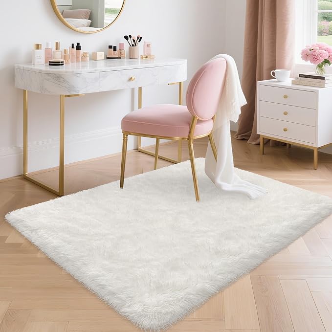 White Fluffy Rug for Bedroom Living Room, 3x5 Furry Cream Area Rug Soft Fuzzy Shag Carpet for Boys Girls Room Dorm Dresser Bedside, Plush Thick Throw Kids Shaggy Rug Non-Slip for Nursery