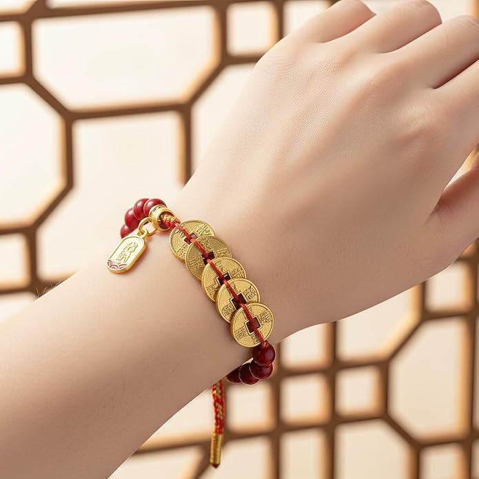 Feng Shui Cinnabar Bracelet - Five Emperor Coins Wealth Amulet - Red String Protection Jewelry for Women & Men - Good Luck Money Coin Beaded Adjustable Gift