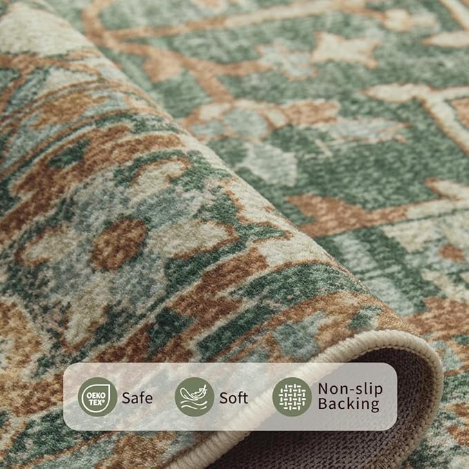Rugxara 2x3 Entryway Rug Door Mat, Washable Samll Rug, Non Slip, Green | Rug for Entry Entrance Bathroom Kitchen, Stain Resistant, Soft Throw Accent Rug, Low Pile Front Door Mat, Vintage Boho Carpet