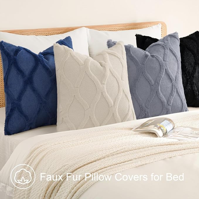 decorUhome Set of 4 Faux Fur Throw Pillow Covers 20x20(Blue/Grey) | Neutral Decorative Soft Plush Couch Pillow Covers, Farmhouse Pillow Cases for Living Room Bed Sofa