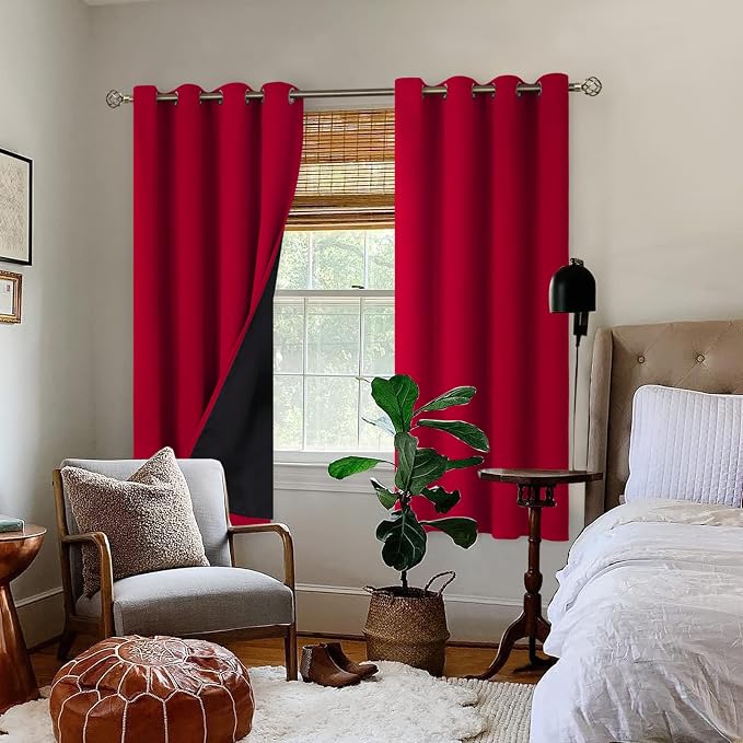 BGment Christmas 100% Blackout Curtains Thermal Insulated with Liner for Living Room Decoration - Grommet Double Layer Energy Saving Bedroom Curtain Drapes (52 x 63 Inches, Red, 2 Panels)