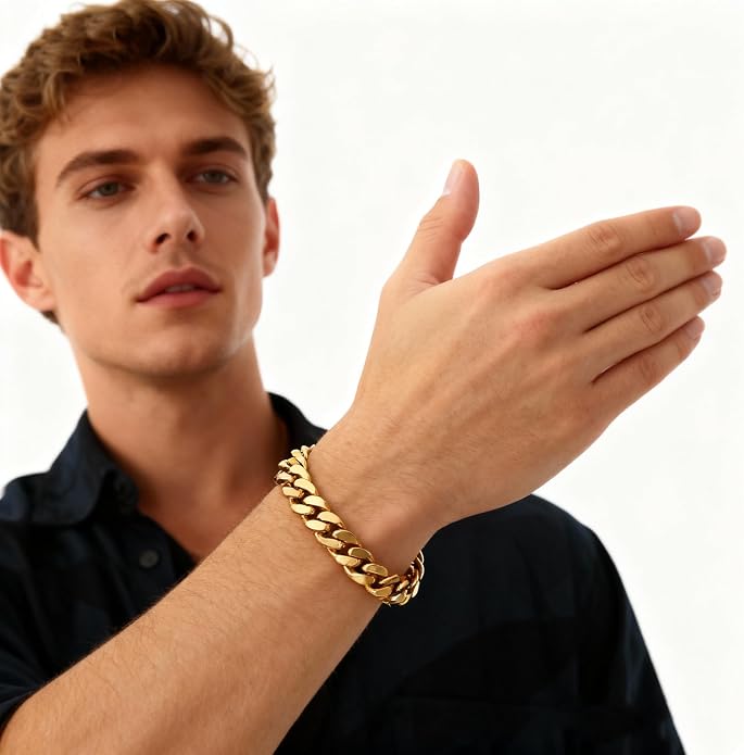 CaptainSteeL Cuban Link Chain Bracelet for Men- 316L Stainless Steel 9/10MM Width Fashion Pattern Snap Button Hip Hop Jewelry,Two Style Cuban Bracelets 18K Gold Plated/Stainless Steel with Gift Box