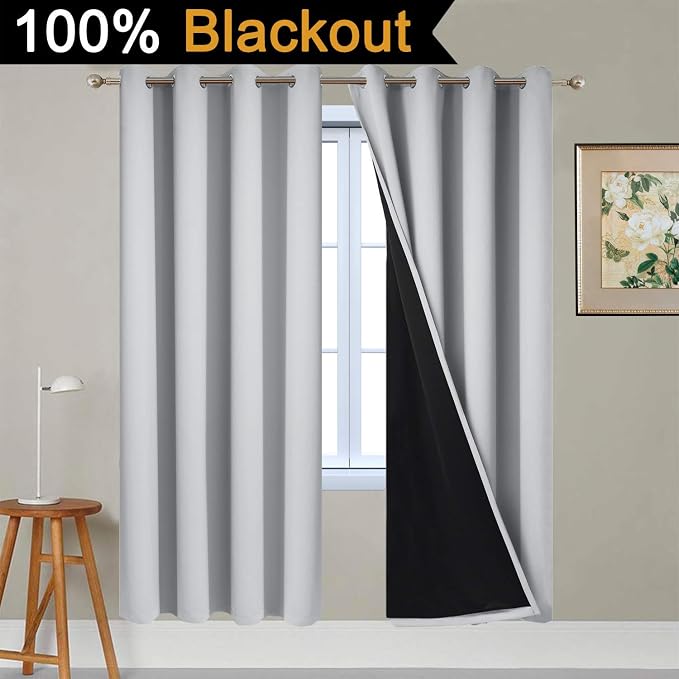Yakamok Light Grey 100% Blackout Curtains 72 Inches Long 52" Wide 2 Panel | Blackout Curtain Panels for Bedroom, 2 Thick Layers Grommet Top Thermal Insulated Drapes with Black Liner for Living Room