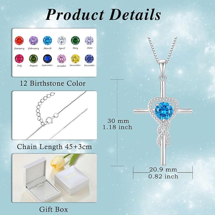 Cross Necklace for Women 925 Sterling Silver Infinity Birthstone Pendant Necklace Religious Christian Jewelry Gifts Wife Mom Her