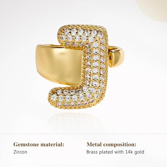 Cicy Bell Initial Rings for Women 14k Gold Plated Cubic Zirconia Delicate Letter Chunky Statement Open Rings Gifts for Her
