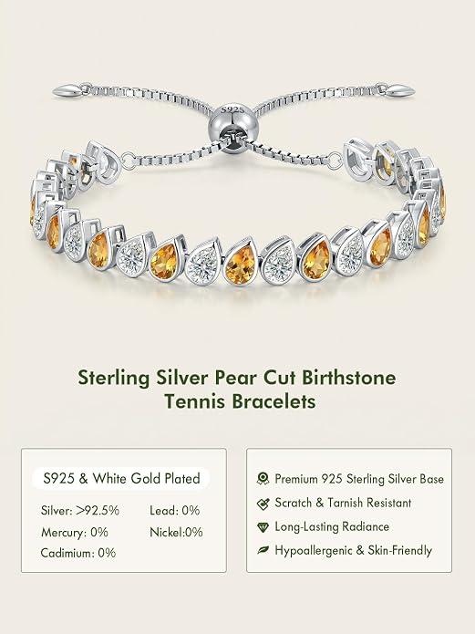 Birthstone Tennis Bracelet for Women 925 Sterling Silver Pear Shaped Gemstone Inlaid White Gold Plated Adjustable Chain Gifts for Mom Wife