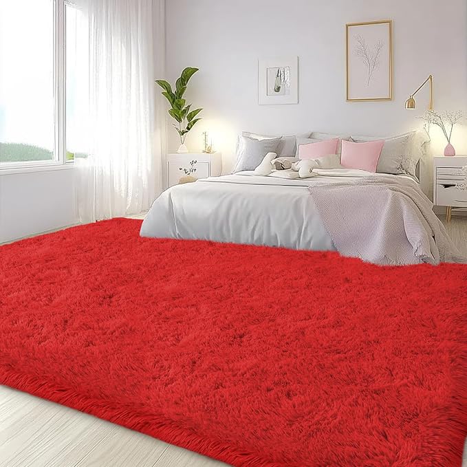 Large Area Rugs for Living Room Bedroom 4x6 Red Fluffy Shag Rugs | Ultra Soft Shaggy Plush Fuzzy Modern Indoor Throw Floor Carpet for Kids Girls Boys Dorm Nursery Home Decor Aesthetic